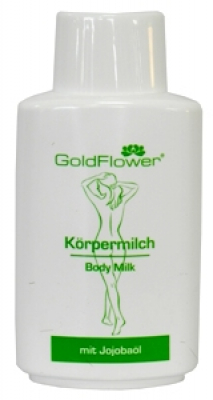 Goldflower Körpermilch mit rückfettenden, feuchtigkeitsspendenden und pflegenden Inhaltsstoffen. Bewirkt ein glattes, samtiges Hautbild  Ideal auch nach dem Sonnenbad.