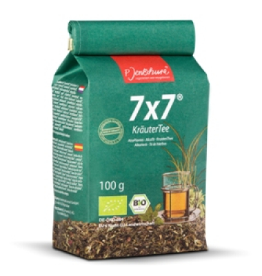 P.Jentschura 7x7 Kräutertee. Feine Auswahl aus 49 Zutaten wie Kräutern, Samen, Gewürzen, Wurzeln und Blüten. Besonders mild und bekömmlich, durch das köstliche Aroma der vielen Pflanzenarten.